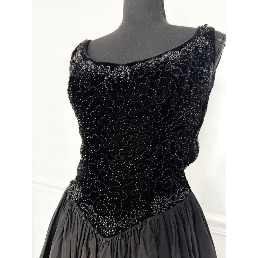 Gothic glam Black Velvet taffeta Midi Dress Whimsigoth Beaded Basque waist XS/S - Picture 3 of 10